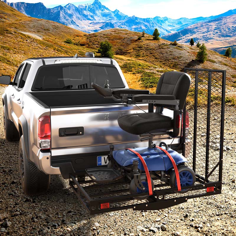 Folding Hitch Cargo Carrier with Ramp, 500 lbs Heavy Duty Mobility Scooter Wheelchair Carrier for Car SUV Truck with Stabilizer & 2 Tie-Down Straps