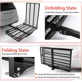 Folding Hitch Cargo Carrier with Ramp, 500 lbs Heavy Duty Mobility Scooter Wheelchair Carrier for Car SUV Truck with Stabilizer & 2 Tie-Down Straps