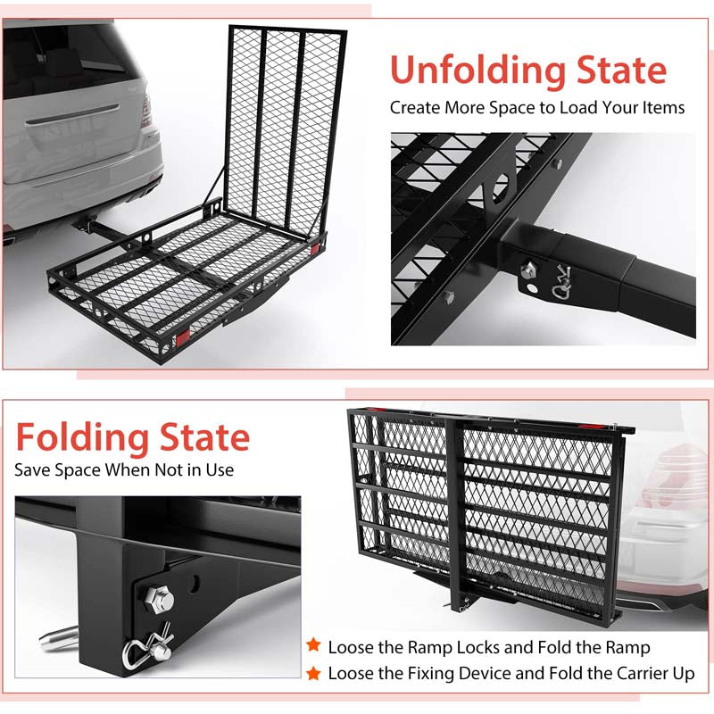 Folding Hitch Cargo Carrier with Ramp, 500 lbs Heavy Duty Mobility Scooter Wheelchair Carrier for Car SUV Truck with Stabilizer & 2 Tie-Down Straps