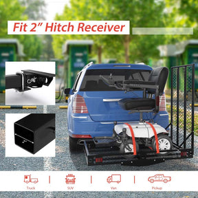 Folding Hitch Cargo Carrier with Ramp, 500 lbs Heavy Duty Mobility Scooter Wheelchair Carrier for Car SUV Truck with Stabilizer & 2 Tie-Down Straps