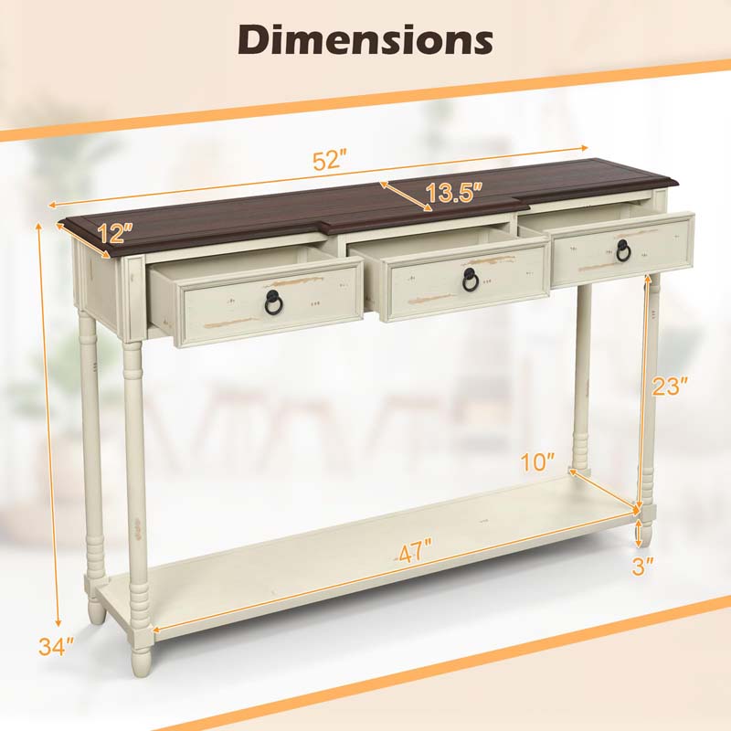 52" Farmhouse Entryway Console Table w/3 Drawers, Open Storage Shelf, Long Narrow Sofa Table Cottage Foyer Table for Hallway