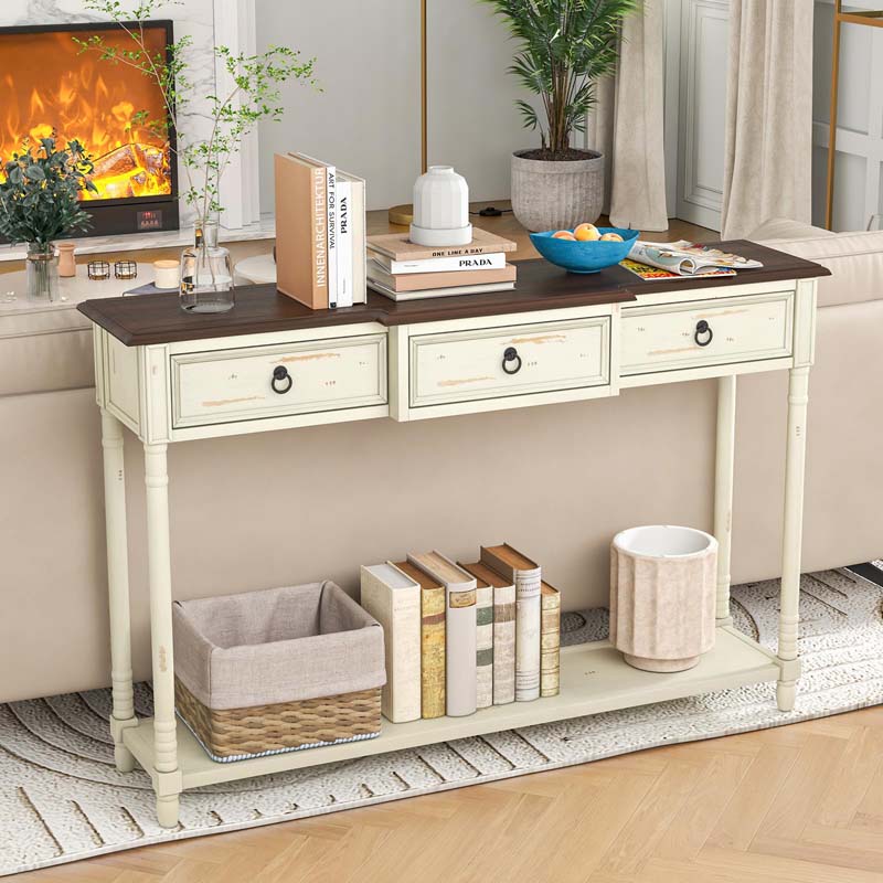 52" Farmhouse Entryway Console Table w/3 Drawers, Open Storage Shelf, Long Narrow Sofa Table Cottage Foyer Table for Hallway