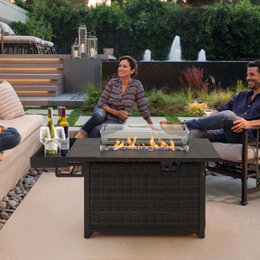 52" 50,000 BTU Outdoor Wicker Gas Fire Pit Propane Fire Table with Waterproof Cover, Wind Guard & Extended Storage Shelf for Patio Backyard