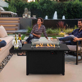 52" 50,000 BTU Outdoor Wicker Gas Fire Pit Propane Fire Table with Waterproof Cover, Wind Guard & Extended Storage Shelf for Patio Backyard