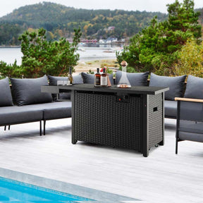 52" 50,000 BTU Outdoor Wicker Gas Fire Pit Propane Fire Table with Waterproof Cover, Wind Guard & Extended Storage Shelf for Patio Backyard