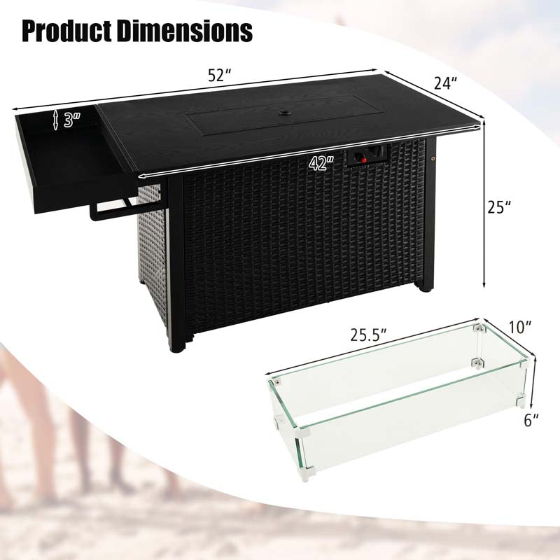 52" 50,000 BTU Outdoor Wicker Gas Fire Pit Propane Fire Table with Waterproof Cover, Wind Guard & Extended Storage Shelf for Patio Backyard