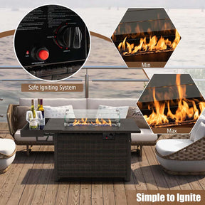 52" 50,000 BTU Outdoor Wicker Gas Fire Pit Propane Fire Table with Waterproof Cover, Wind Guard & Extended Storage Shelf for Patio Backyard