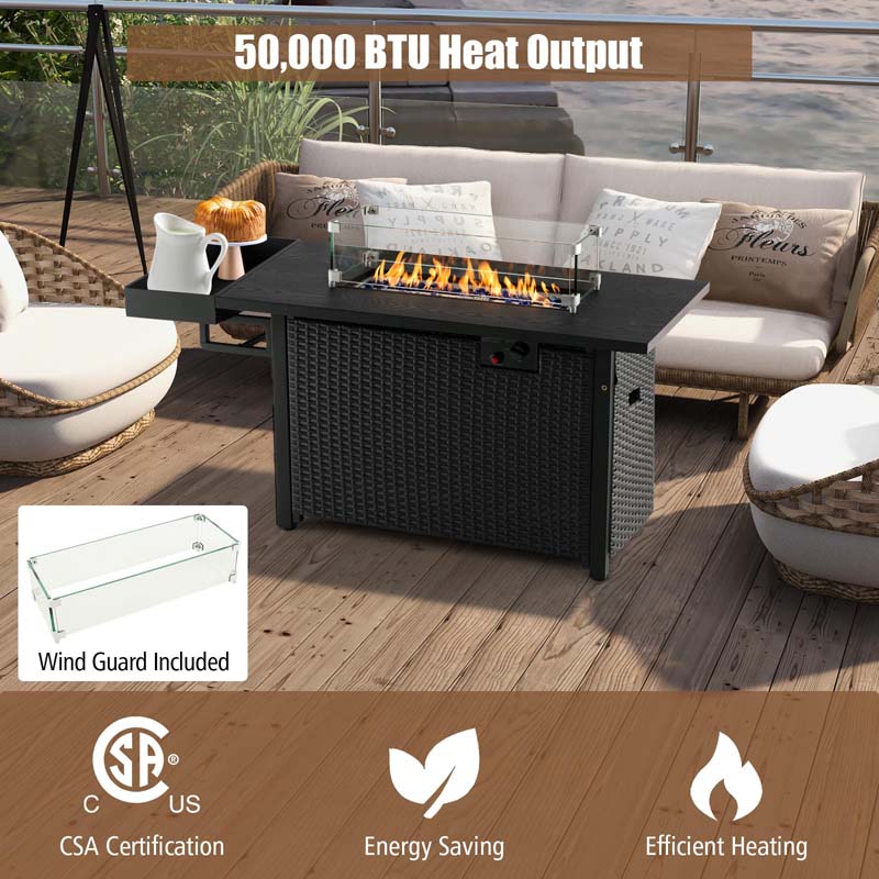 52" 50,000 BTU Outdoor Wicker Gas Fire Pit Propane Fire Table with Waterproof Cover, Wind Guard & Extended Storage Shelf for Patio Backyard