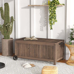 56 Gallon Wooden Patio Storage Bench Box w/Removable Waterproof PE Liner, Outdoor Deck Box with Wheels for Garden Tools, Pools Equipment