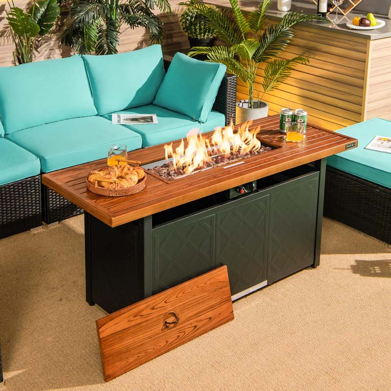 57" 50,000 BTU Outdoor Propane Fire Pit Table, Rectangular Patio Gas Fire Table with Lid, Auto-Ignition & Lava Rocks for Backyard Garden