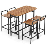 5Pcs Acacia Wood Patio Bar Table Set with Metal Frame & Footrest, Outdoor Bar Height Table & Chairs for Deck Garden Poolside