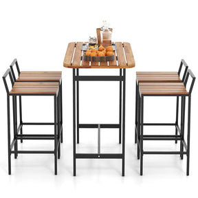 5Pcs Acacia Wood Patio Bar Table Set with Metal Frame & Footrest, Outdoor Bar Height Table & Chairs for Deck Garden Poolside