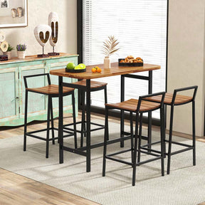 5Pcs Acacia Wood Patio Bar Table Set with Metal Frame & Footrest, Outdoor Bar Height Table & Chairs for Deck Garden Poolside