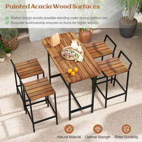 5Pcs Acacia Wood Patio Bar Table Set with Metal Frame & Footrest, Outdoor Bar Height Table & Chairs for Deck Garden Poolside
