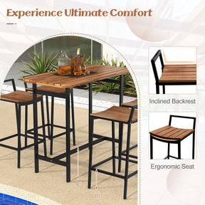 5Pcs Acacia Wood Patio Bar Table Set with Metal Frame & Footrest, Outdoor Bar Height Table & Chairs for Deck Garden Poolside