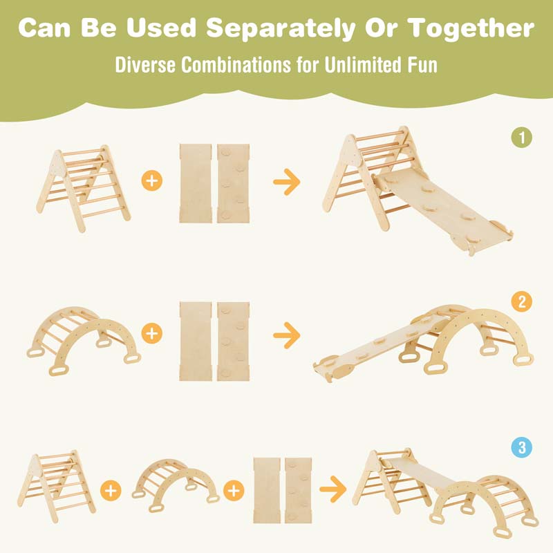 5-in-1 Montessori Wooden Climbing Toys for Toddlers, Arch Climber Ladder with Sliding Ramp, Kids Triangle Climber Play Gym Set