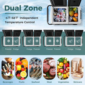 64-Quart Car Refrigerator Cooler with Wheels, Dual-zone Portable Car Fridge Freezer for RV Camping, 12V/24V DC, 100-240V AC