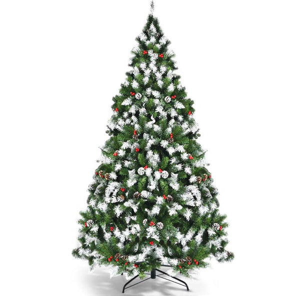6/7.5/9FT Pre-lit Artificial Christmas Tree, Hinged Snow Flocked Xmas Tree w/Pine Cones, Red Berries & 250/550/900 LED Lights, 8 Lighting Modes