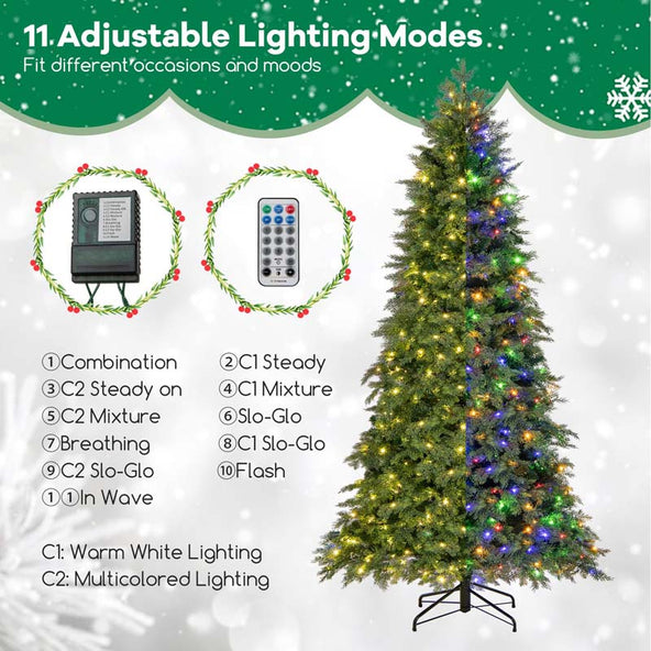 6/7.5 FT Pre-Lit Artificial Christmas Tree, PE/PVC Mixed Tips, Hinged Xmas Tree with Remote, 11 Color-Changing LED Modes, Timer & Metal Stand
