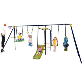 7-in-1 Extra Large Outdoor Swing Set for Backyard, 660 lbs Heavy Duty Swing Set with A-Frame Metal Swing Stand