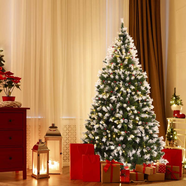 6/7.5/9FT Pre-lit Artificial Christmas Tree, Hinged Snow Flocked Xmas Tree w/Pine Cones, Red Berries & 250/550/900 LED Lights, 8 Lighting Modes