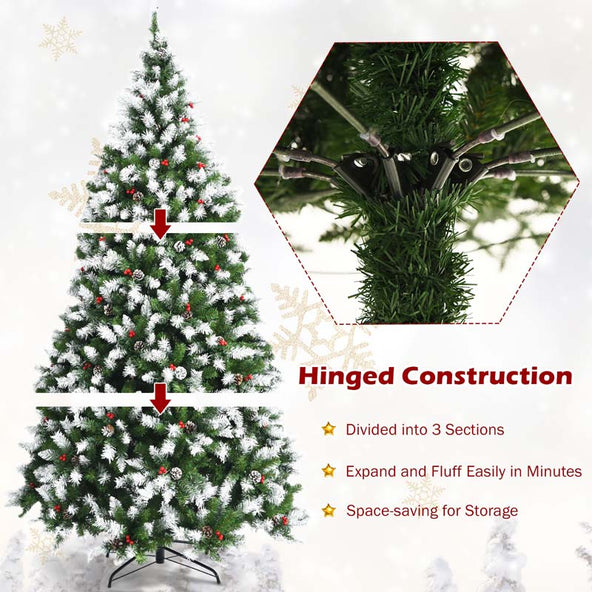 6/7.5/9FT Pre-lit Artificial Christmas Tree, Hinged Snow Flocked Xmas Tree w/Pine Cones, Red Berries & 250/550/900 LED Lights, 8 Lighting Modes