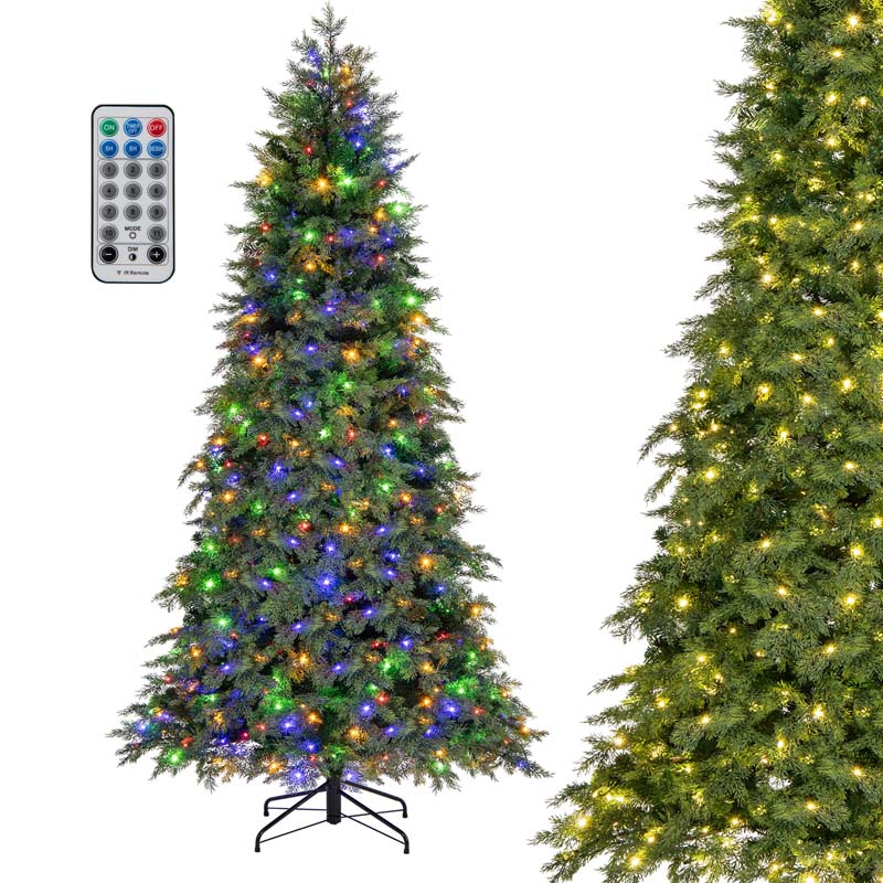 6/7.5 FT Pre-Lit Artificial Christmas Tree, PE/PVC Mixed Tips, Hinged Xmas Tree with Remote, 11 Color-Changing LED Modes, Timer & Metal Stand