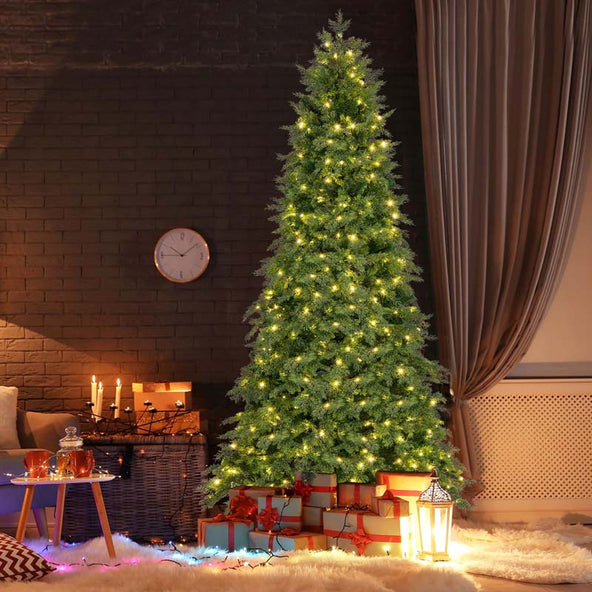6/7.5 FT Pre-Lit Artificial Christmas Tree, PE/PVC Mixed Tips, Hinged Xmas Tree with Remote, 11 Color-Changing LED Modes, Timer & Metal Stand