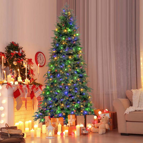6/7.5 FT Pre-Lit Artificial Christmas Tree, PE/PVC Mixed Tips, Hinged Xmas Tree with Remote, 11 Color-Changing LED Modes, Timer & Metal Stand