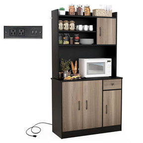 71" Tall Modern Kitchen Pantry Hutch Cabinet, Freestanding Buffet Storage Cabinet with Hutch, Power Outlet, Microwave Stand, Adjustable Shelves