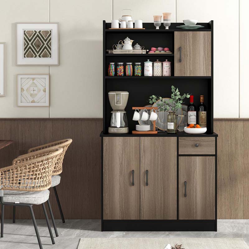 71" Tall Modern Kitchen Pantry Hutch Cabinet, Freestanding Buffet Storage Cabinet with Hutch, Power Outlet, Microwave Stand, Adjustable Shelves
