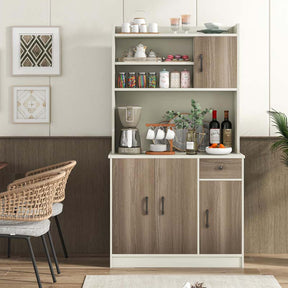 71" Tall Modern Kitchen Pantry Hutch Cabinet, Freestanding Buffet Storage Cabinet with Hutch, Power Outlet, Microwave Stand, Adjustable Shelves