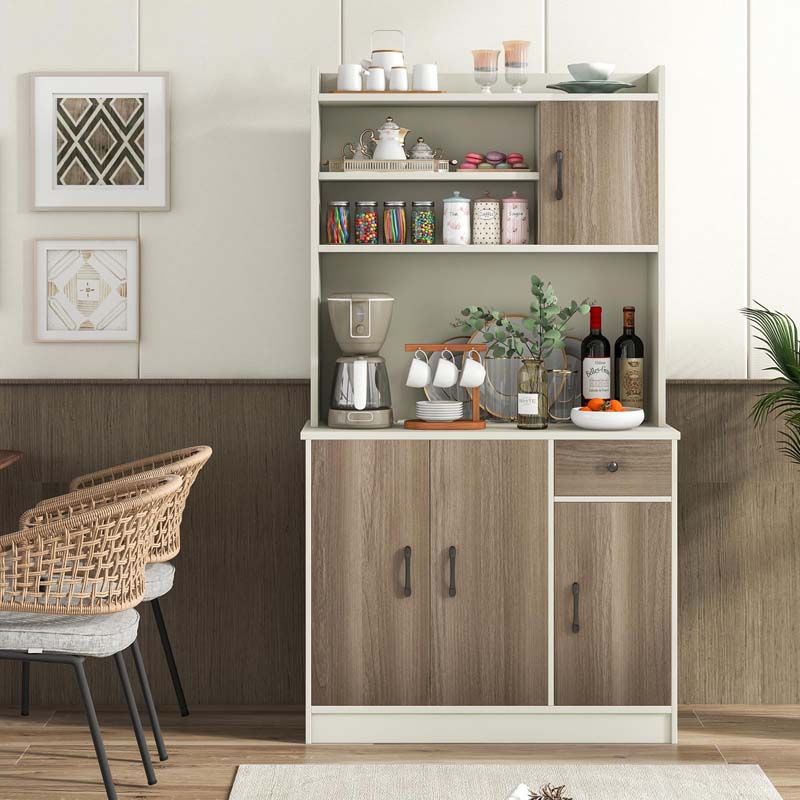 71" Tall Modern Kitchen Pantry Hutch Cabinet, Freestanding Buffet Storage Cabinet with Hutch, Power Outlet, Microwave Stand, Adjustable Shelves
