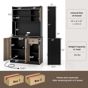 71" Tall Modern Kitchen Pantry Hutch Cabinet, Freestanding Buffet Storage Cabinet with Hutch, Power Outlet, Microwave Stand, Adjustable Shelves