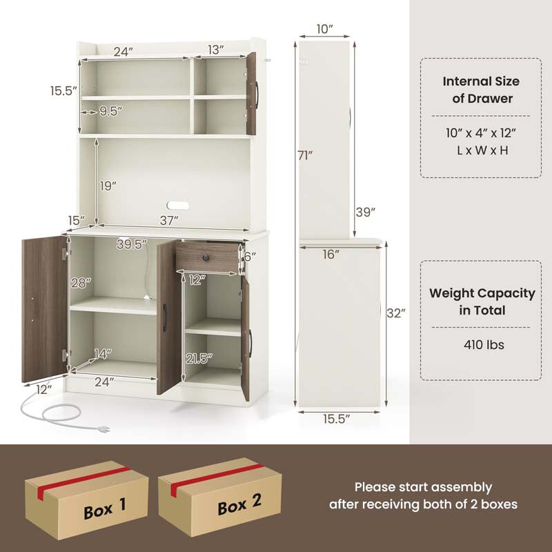 71" Tall Modern Kitchen Pantry Hutch Cabinet, Freestanding Buffet Storage Cabinet with Hutch, Power Outlet, Microwave Stand, Adjustable Shelves