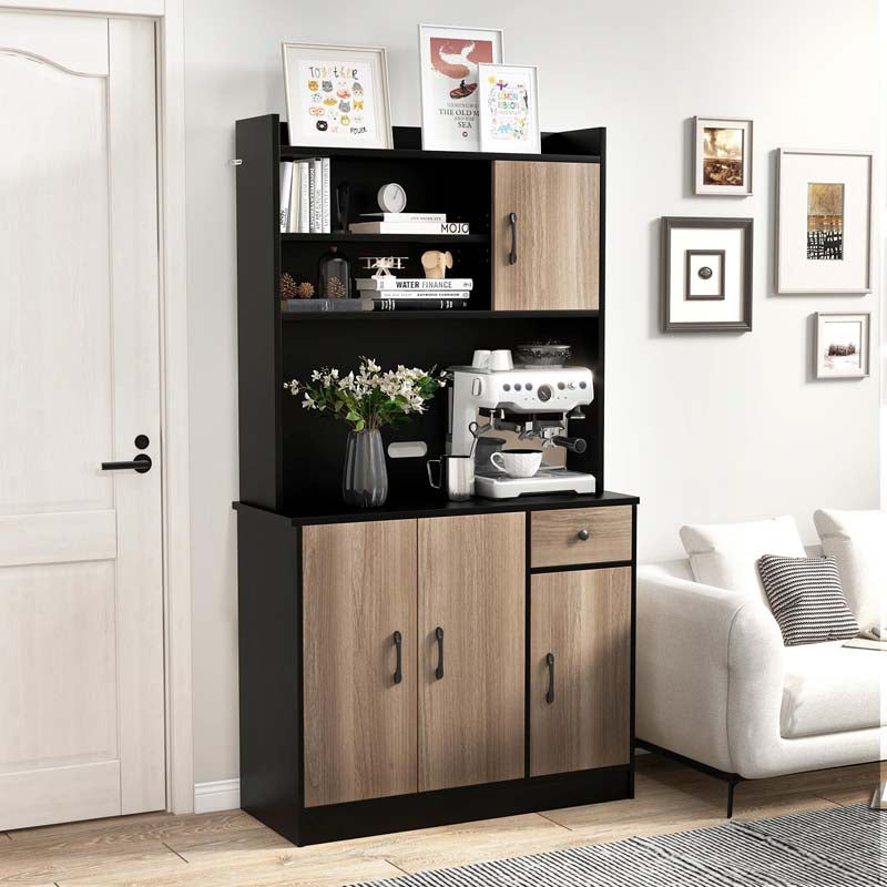 71" Tall Modern Kitchen Pantry Hutch Cabinet, Freestanding Buffet Storage Cabinet with Hutch, Power Outlet, Microwave Stand, Adjustable Shelves