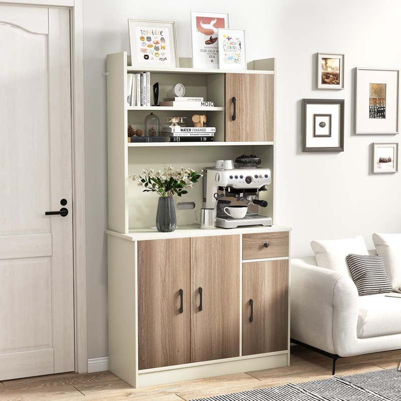 71" Tall Modern Kitchen Pantry Hutch Cabinet, Freestanding Buffet Storage Cabinet with Hutch, Power Outlet, Microwave Stand, Adjustable Shelves