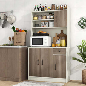 71" Tall Modern Kitchen Pantry Hutch Cabinet, Freestanding Buffet Storage Cabinet with Hutch, Power Outlet, Microwave Stand, Adjustable Shelves