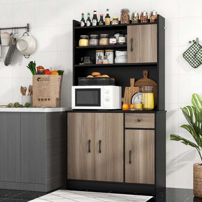 71" Tall Modern Kitchen Pantry Hutch Cabinet, Freestanding Buffet Storage Cabinet with Hutch, Power Outlet, Microwave Stand, Adjustable Shelves