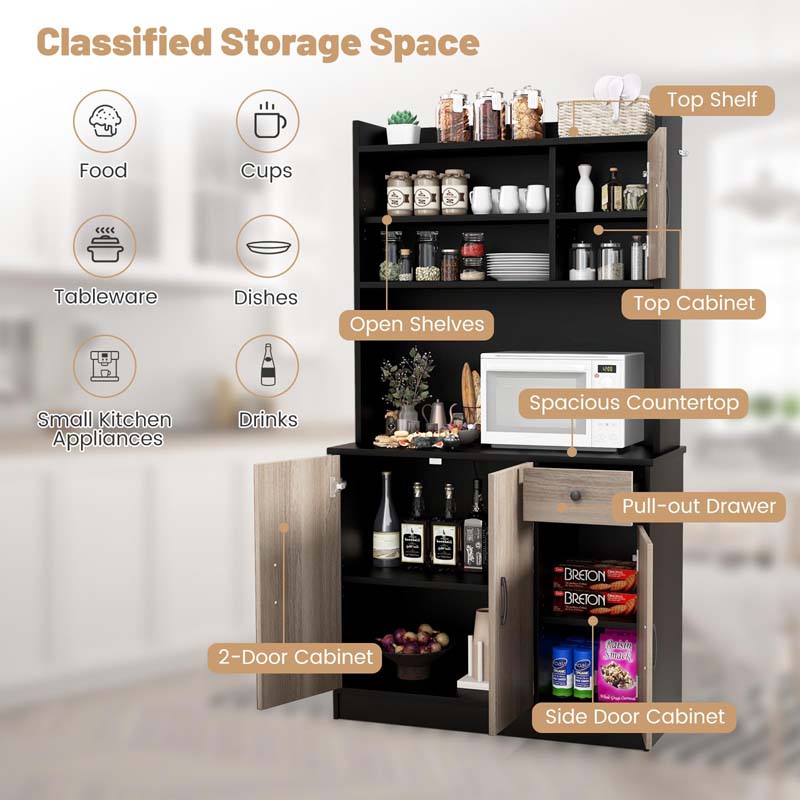 71" Tall Modern Kitchen Pantry Hutch Cabinet, Freestanding Buffet Storage Cabinet with Hutch, Power Outlet, Microwave Stand, Adjustable Shelves