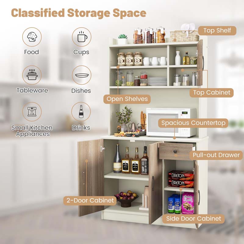 71" Tall Modern Kitchen Pantry Hutch Cabinet, Freestanding Buffet Storage Cabinet with Hutch, Power Outlet, Microwave Stand, Adjustable Shelves
