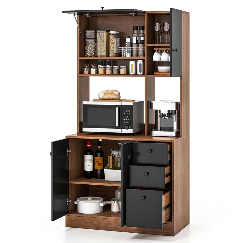 71" Tall Kitchen Pantry Cabinet, Buffet Hutch with 3 Deep Drawers, 4-Door Storage Cupboard, Microwave Stand & Adjustable Shelves, Freestanding
