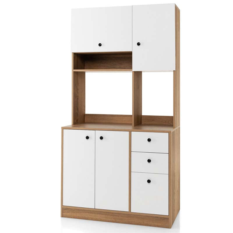 71" Tall Kitchen Pantry Cabinet, Buffet Hutch with 3 Deep Drawers, 4-Door Storage Cupboard, Microwave Stand & Adjustable Shelves, Freestanding