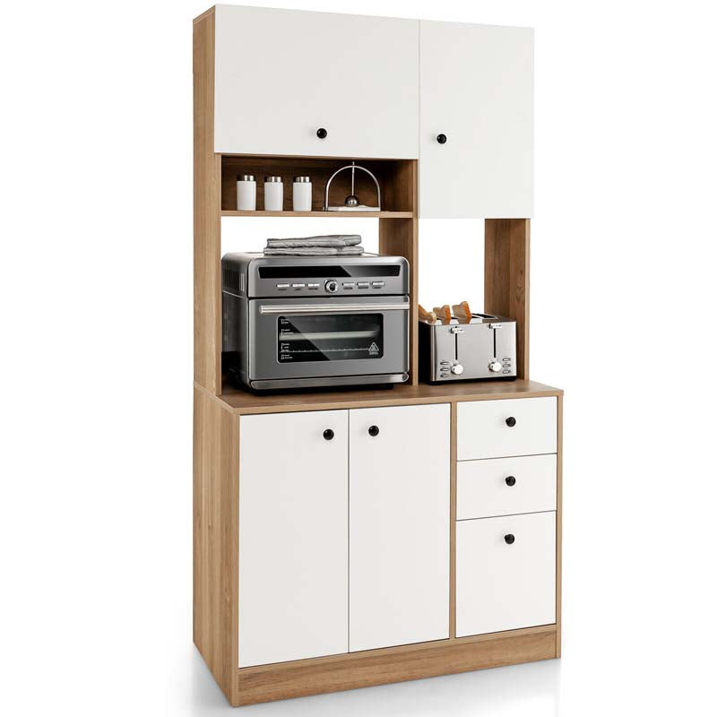 71" Tall Kitchen Pantry Cabinet, Buffet Hutch with 3 Deep Drawers, 4-Door Storage Cupboard, Microwave Stand & Adjustable Shelves, Freestanding