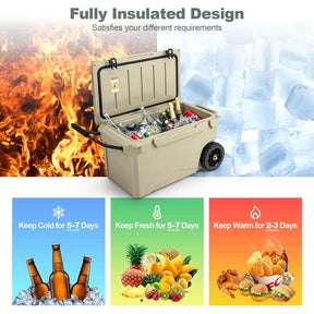 75 Quart Rotomolded Cooler with Wheels & Portable Handles, Insulated Large Ice Chest w/Leak-Proof Tight Latches for Outdoor Camping Beach