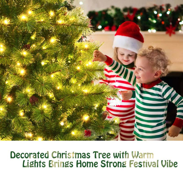 7FT Pre-Lit Christmas Tree with 500 LED Lights Artificial Xmas Tree with 1233 PVC Branch Tips 35 Pine Cones