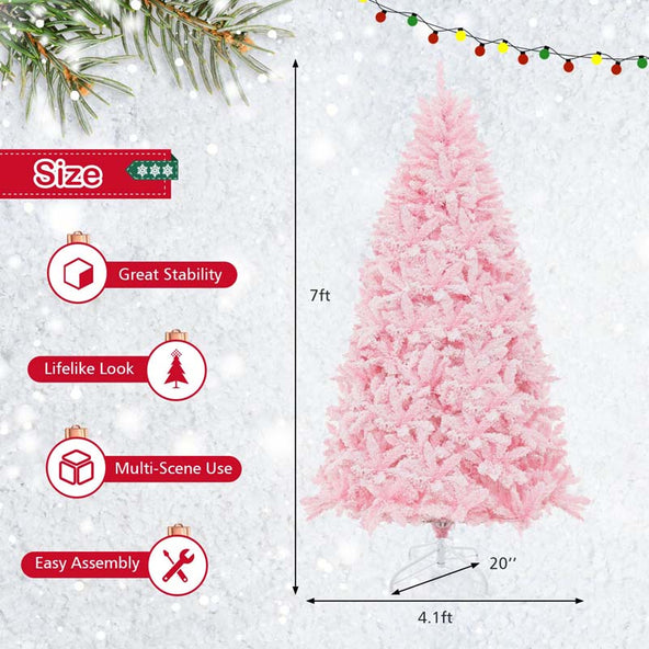 7 FT Pre-lit Pink Artificial Christmas Tree, Hinged Snow Flocked Holiday Tree with 1200 Tips, 500 Multi-Color LED Lights & 8 Modes for Home Decor