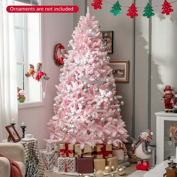 7 FT Pre-lit Pink Artificial Christmas Tree, Hinged Snow Flocked Holiday Tree with 1200 Tips, 500 Multi-Color LED Lights & 8 Modes for Home Decor