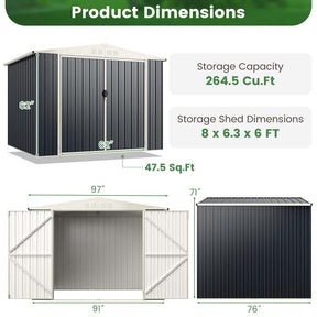 8 x 6.3 FT Outdoor Metal Storage Shed with Snap-on Structure & Lockable Door, All-Weather Galvanized Steel Bike Tool Shed for Garden, Backyard, Lawn