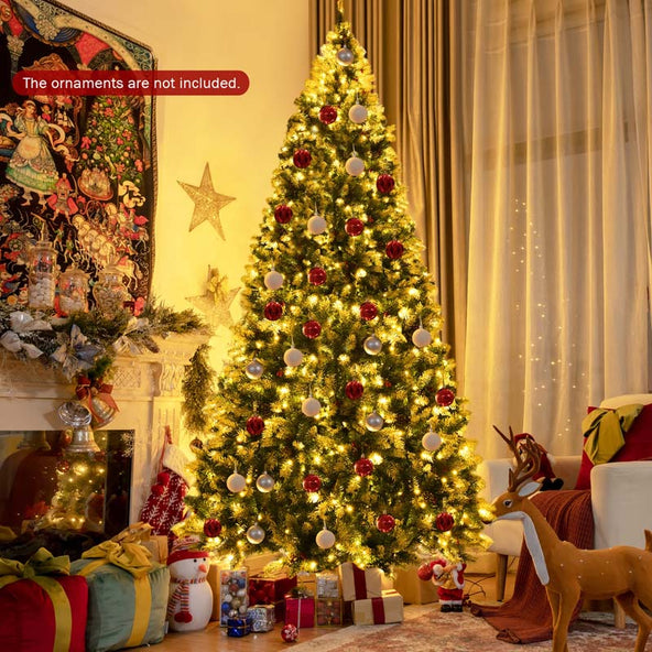 6/7.5/9FT Pre-lit Artificial Christmas Tree, Hinged Snow Flocked Xmas Tree w/Pine Cones, Red Berries & 250/550/900 LED Lights, 8 Lighting Modes